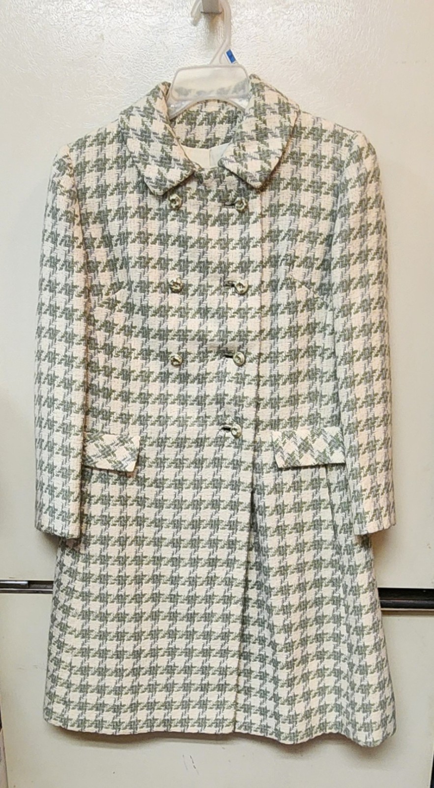 Vintage Bromleigh Green/Cream Houndstooth Coat Womens Sm/Med Lined In Euc! 60&rsquo;s