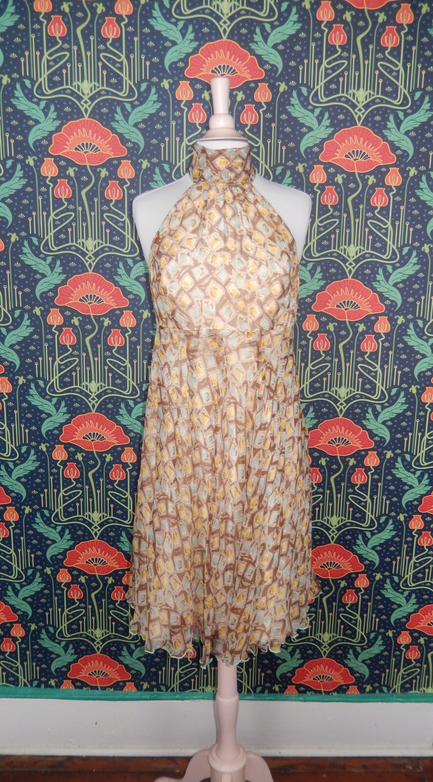 Vintage 90&rsquo;s Y2K Brown Yellow Blue Romantic Silk Chiffon Femme High Neck Dress