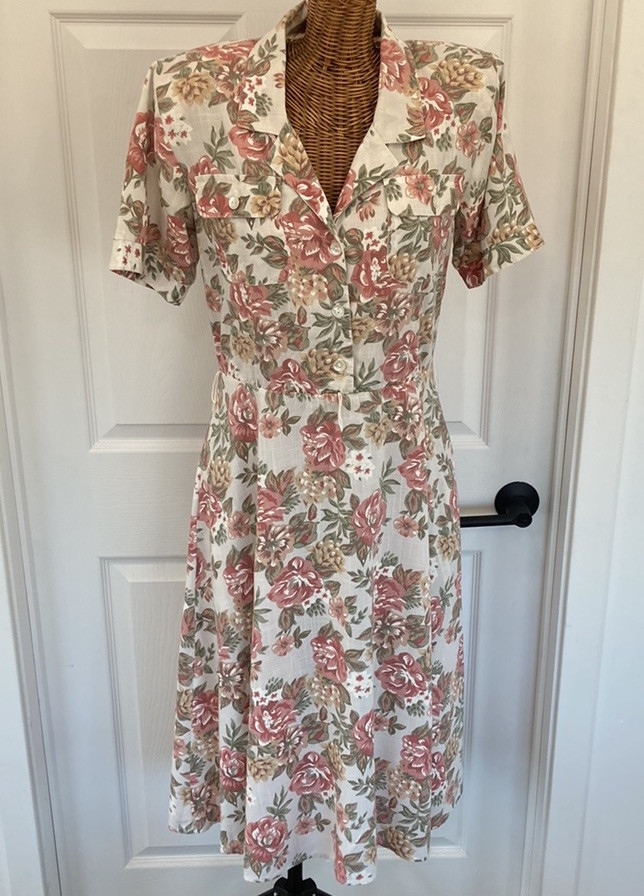 STUART ALAN Vintage 80s Cottagecore White & Pink Floral Dress, Shoulder Pads