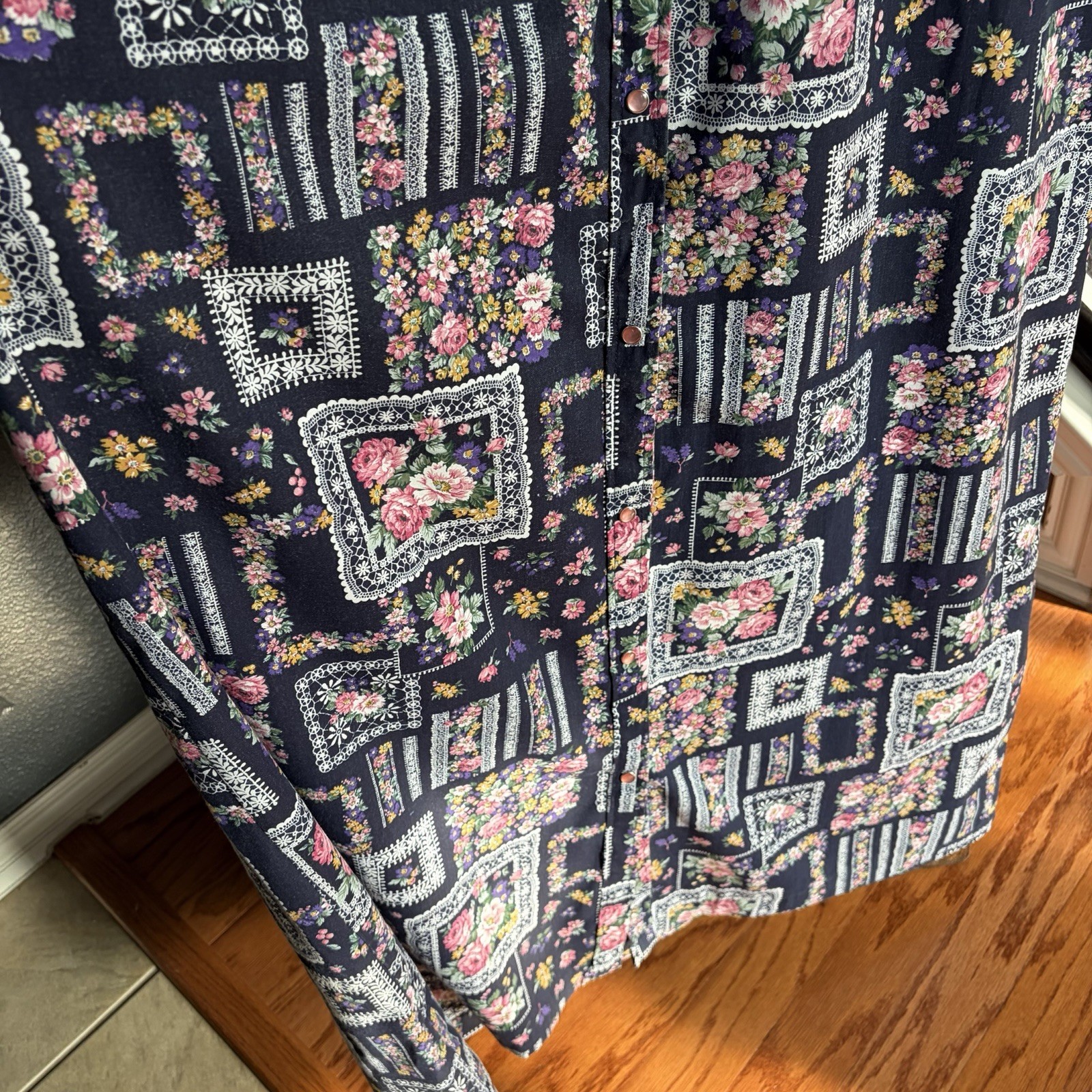 VTG Models Coat House Dress Patchwork Floral Blue Pink Snap Buttons Pockets