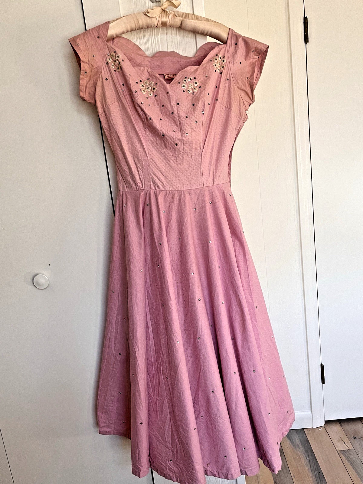 Orig 50s Pinup Dress Pink Cotton Rhinestone Swing Skirt Sun Fun California SM