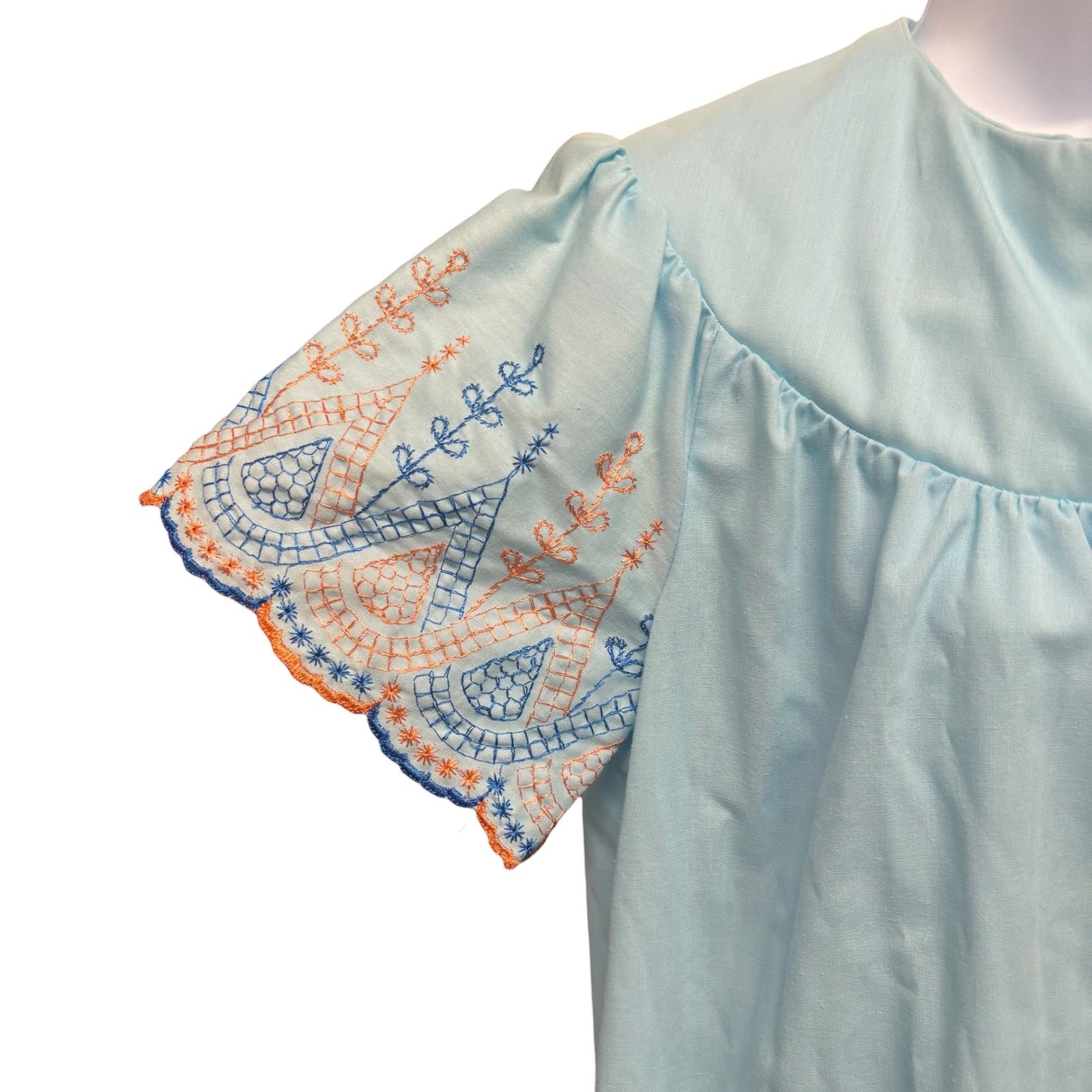 Vintage Light Blue Embroidered Button Front House Dress Robe Pockets Retro L