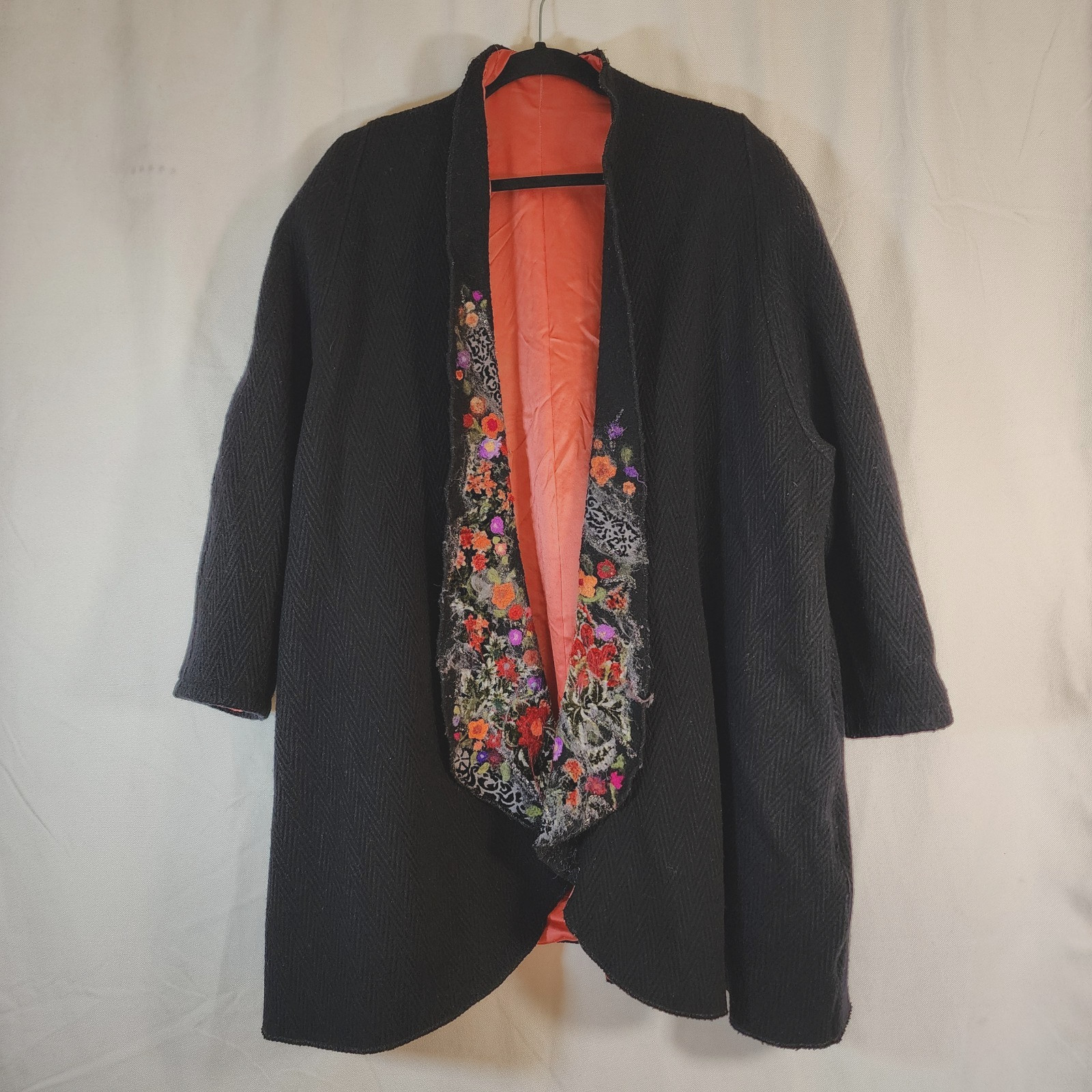 Vintage Hand Made Wool Jacket Satin Lined Velvet Felted Floral Art Lapel XL