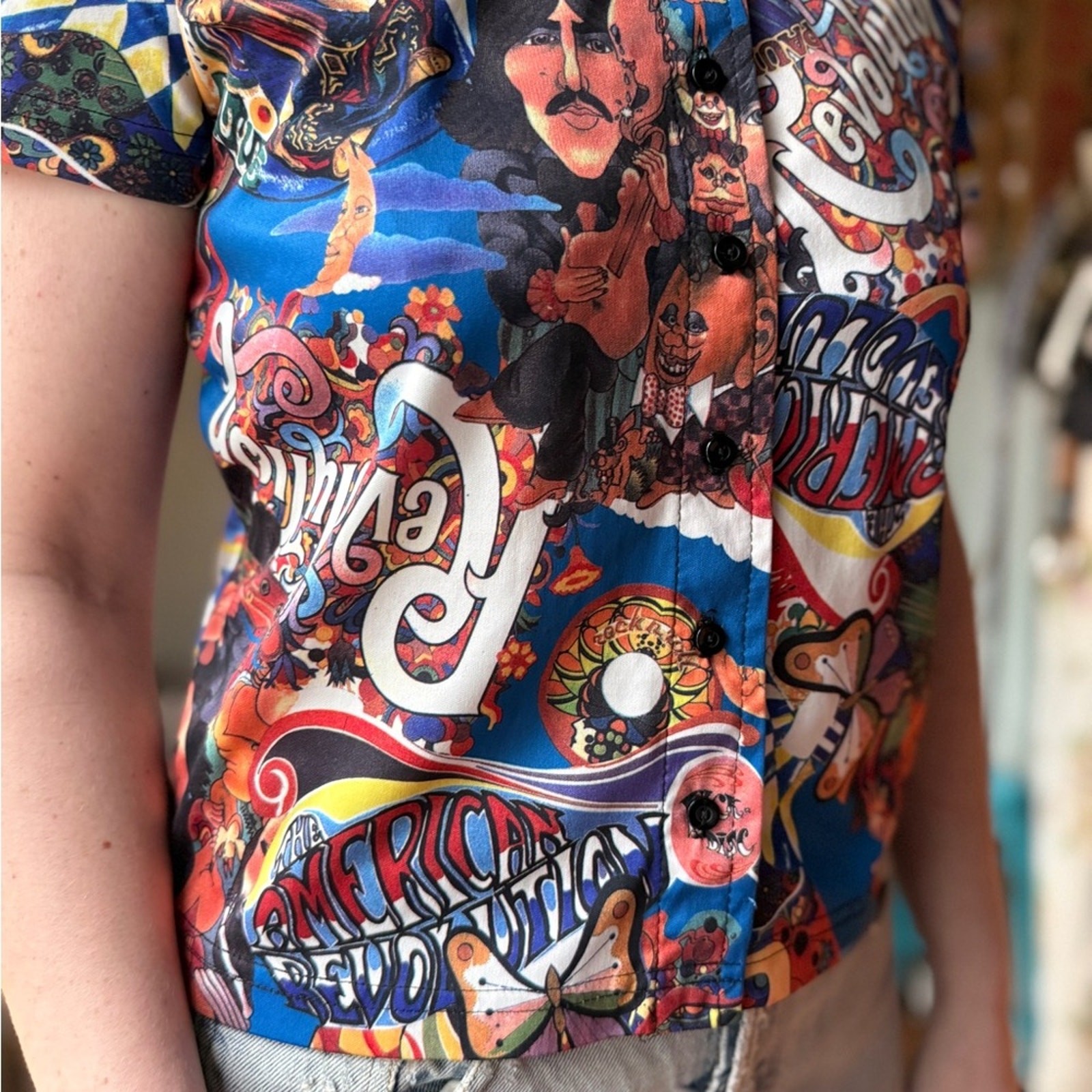Vintage 90s Psychedelic Beatles Print Shirt | Pop Art Graphic Button Up | S/M