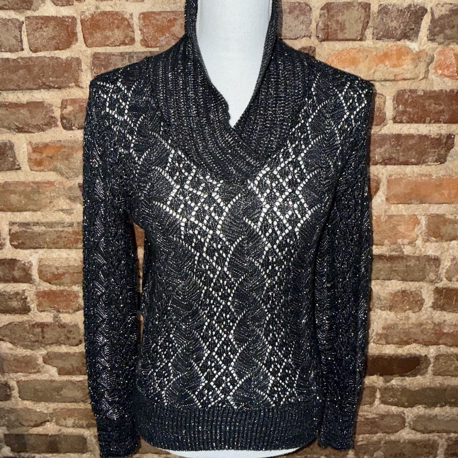 Vintage 70s Lurex Cowl Neck Sweater Open Knit Disco Glam Black Metallic S