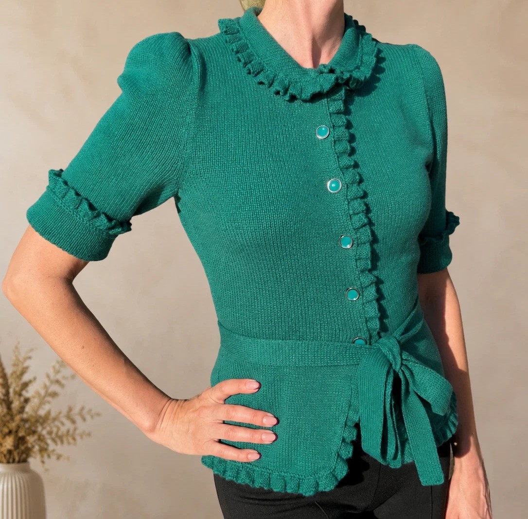 Wool Cashmere Knit Cardigan, Wool Sweater, Handmade Vintage Green Belted Blouse