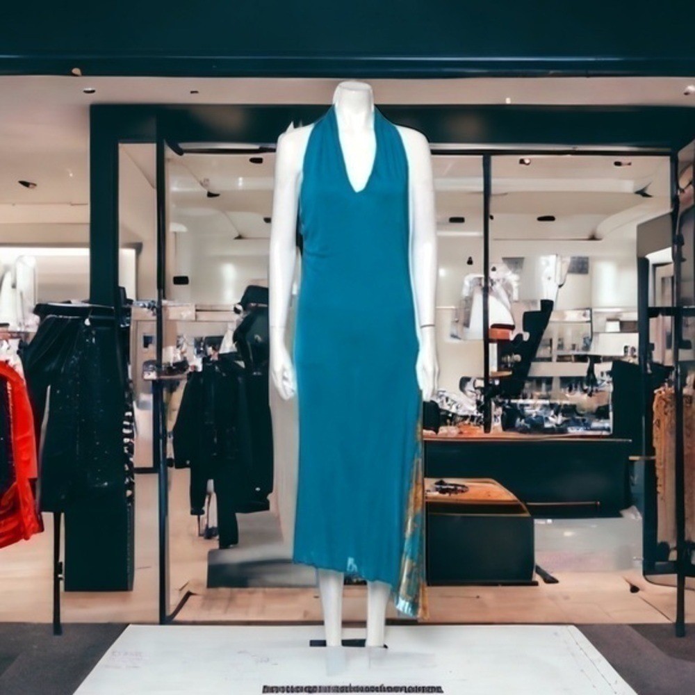 VERSACE ATELIER Haute Couture Runway Teal Blue Halter Medusa Dress 90&rsquo;s Y2K RARE