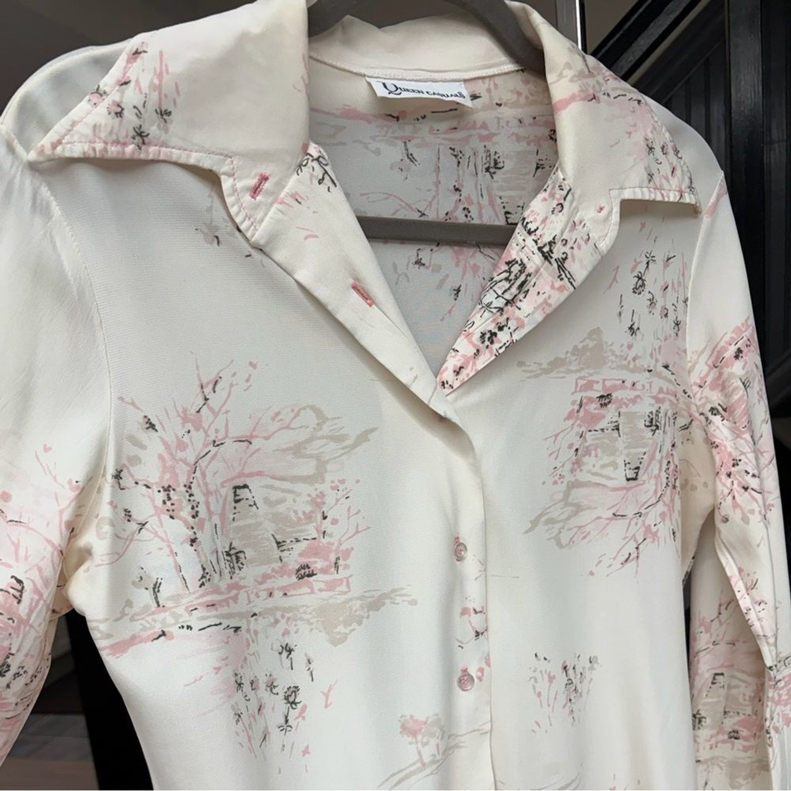 Queen Casuals Ivory Pink Abstract Print 70s Dagger Collar Button-Up Blouse