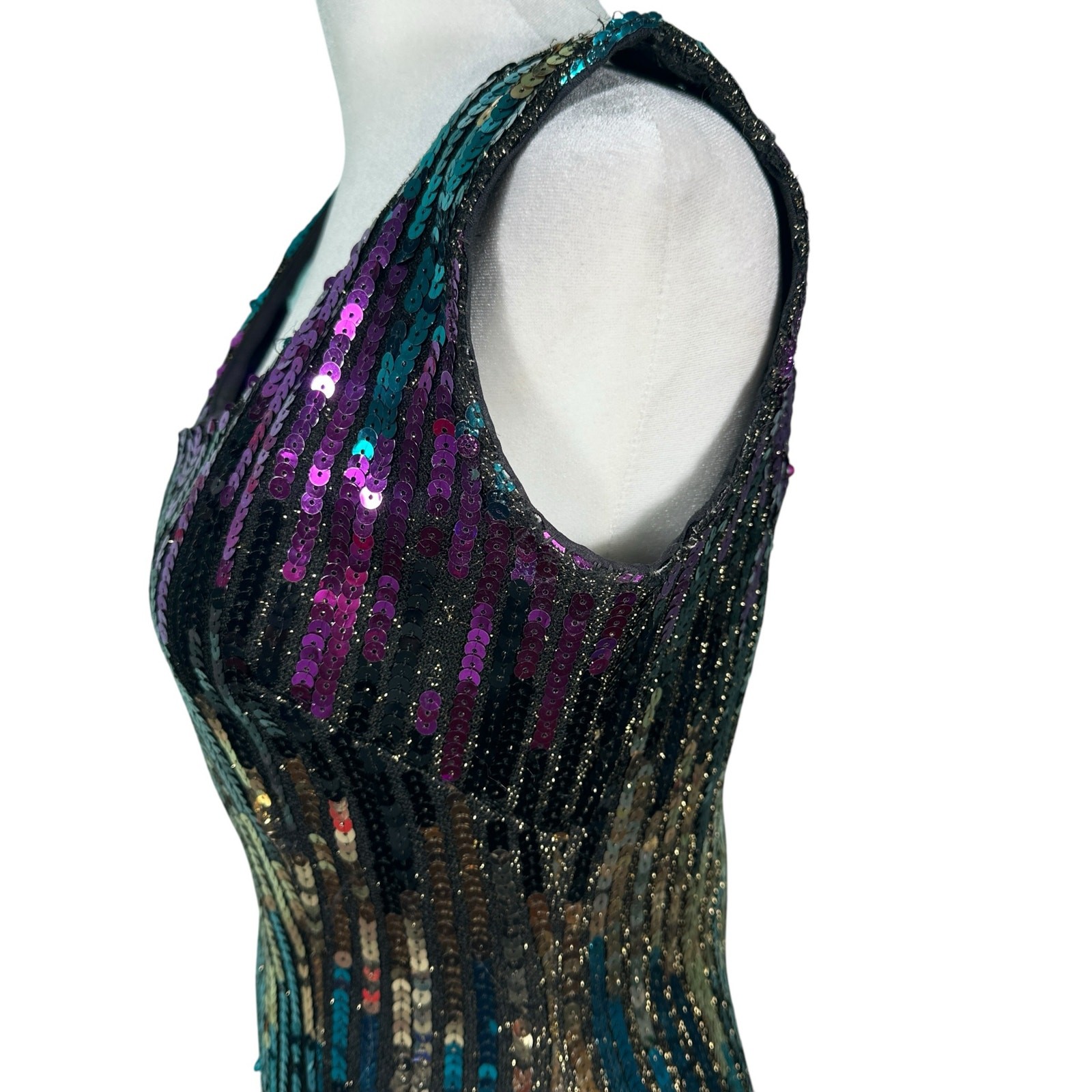 Vintage Alyce 1980s Sequin Mini Party Cocktail Dress Purple Green Gold Sz Med/10