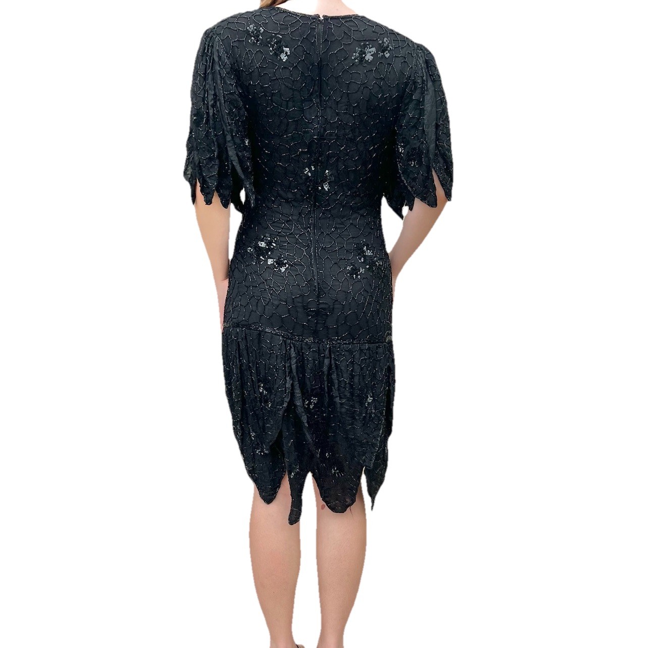 Vintage Frank Usher Black Silk Beaded & Sequin Dress Hand Woven M. Whimsigoth