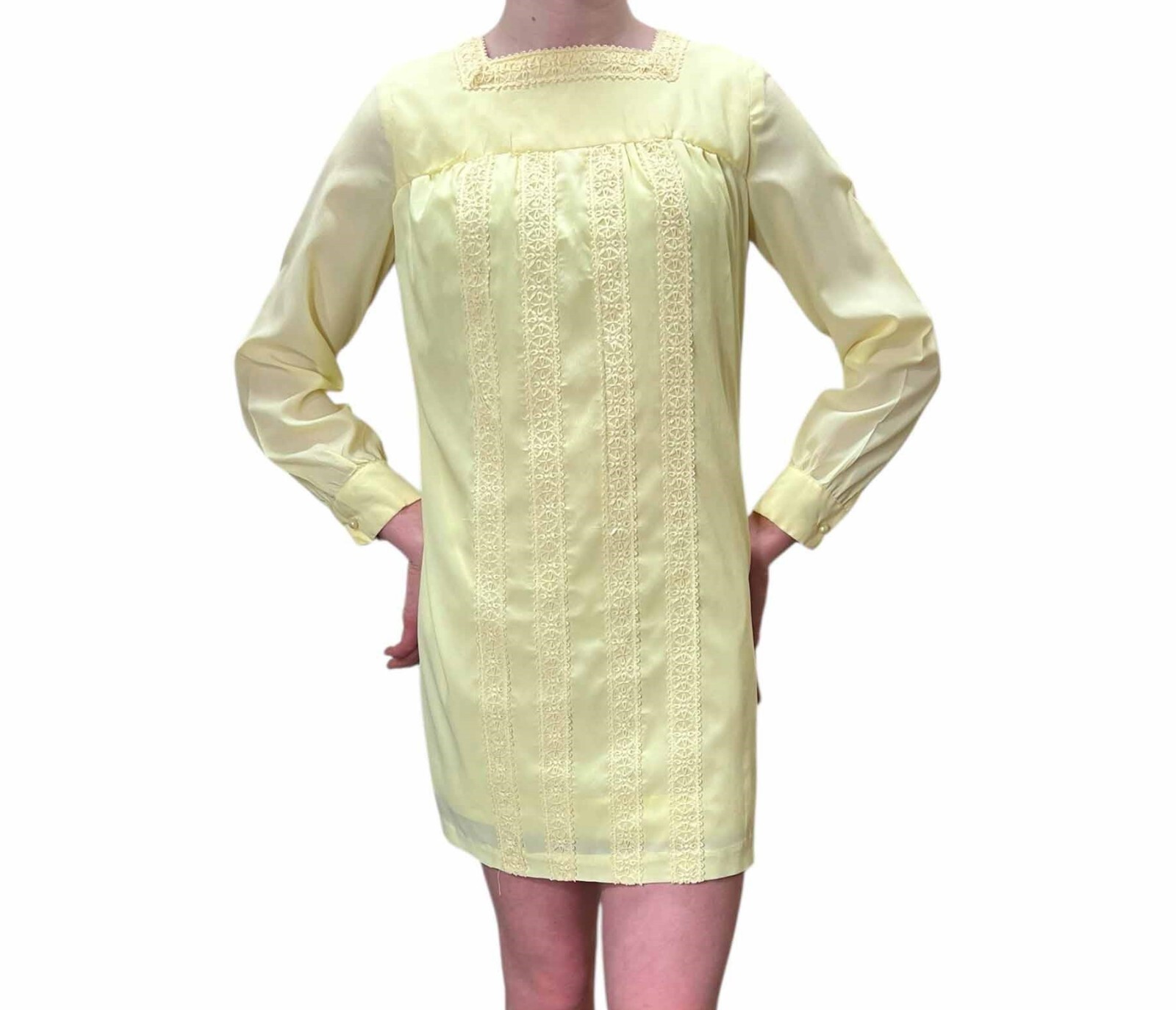 Sz S~Sm M Vtg 60s MOD Mini Dress Lined Yellow Crepe Crochet Lace TrimYoke AnR Jr