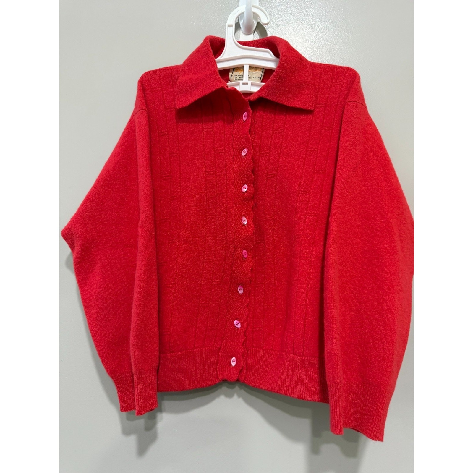 Vintage Cardigan Angora rabbit, Wool Red preppy Japan Classic Sz-40 fits S/M