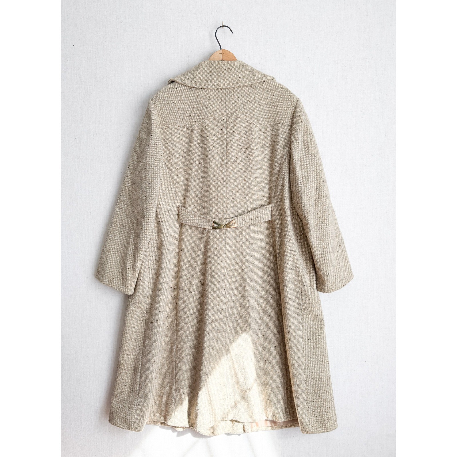 Vintage Oatmeal Tweed Double Breasted Long Coat Gold Back Detail Beige Womens
