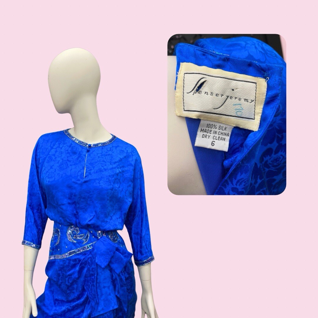 DYNASTY 1980s Cobalt Blue Rhinestone Embellished Silk Draped Dress