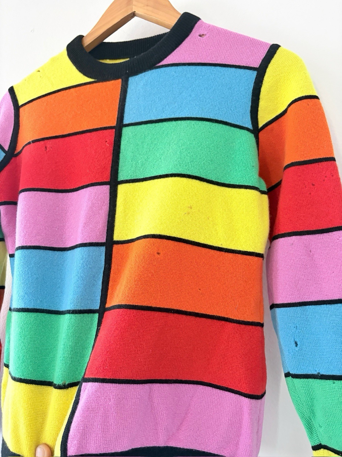 1960s Mod Geometric Color-Block Day Glo/Rainbow Wool Crewneck Sweater AS IS