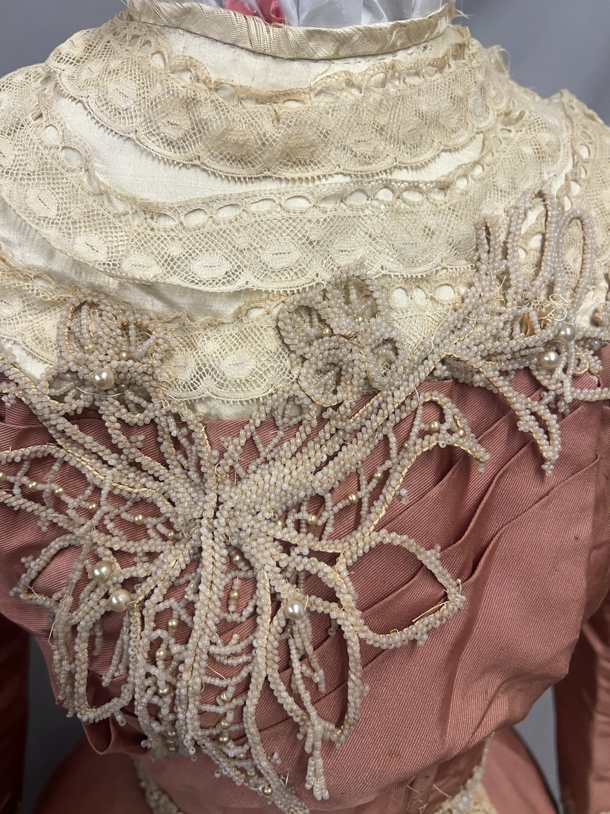 1890’s Peach Silk Faille & Lace Bustle Dinner Gown