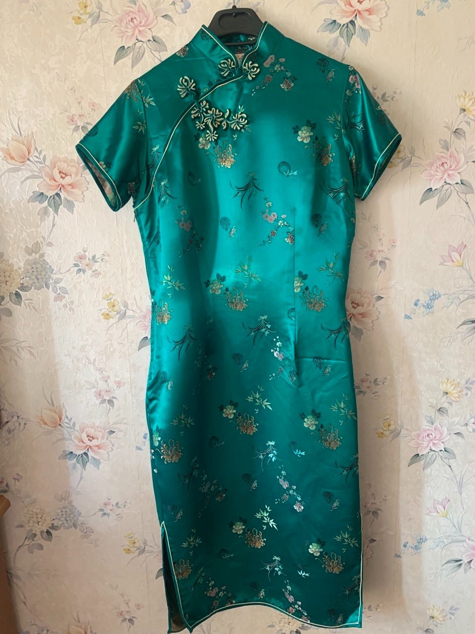 Vintage Peony Brand Shanghai Emerald Green Rayon Qipao Cheongsam Dress Size 38