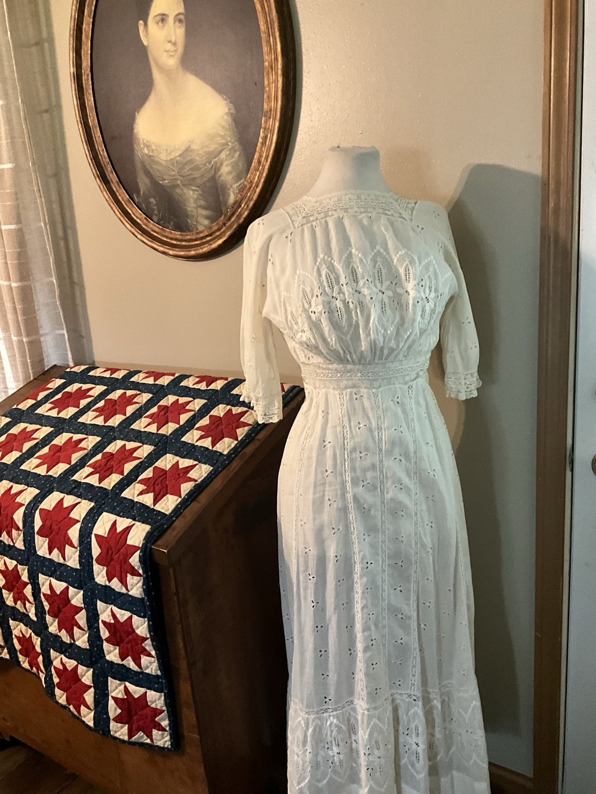 Antique Edwardian White Cotton Lace Dress Eyelet Whitework Embroidery Vintage