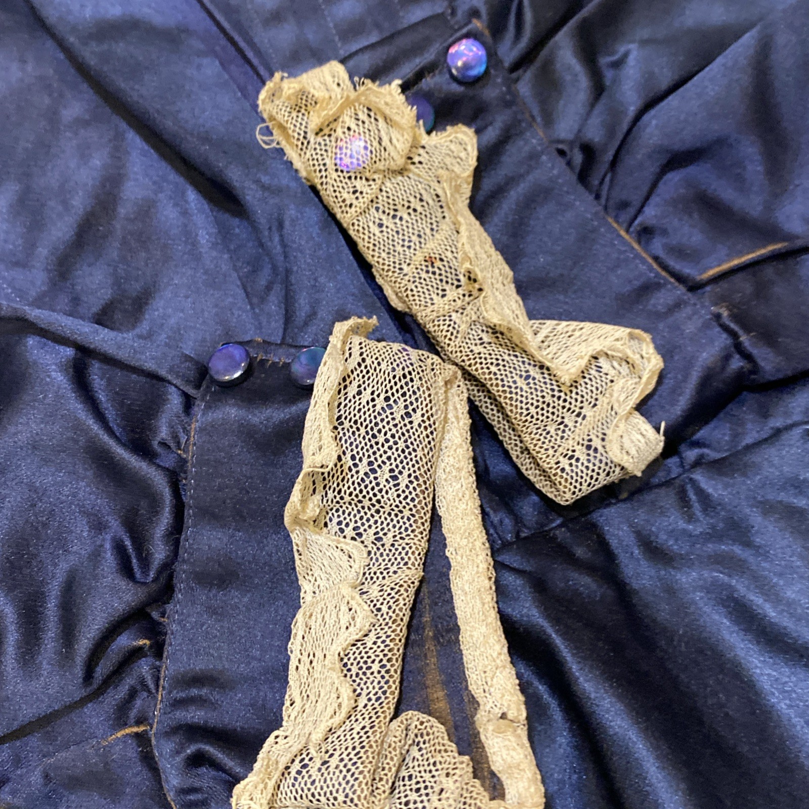 Antique Edwardian Peplum Jacket Beaded Buttons Lace Cuffs Navy Small