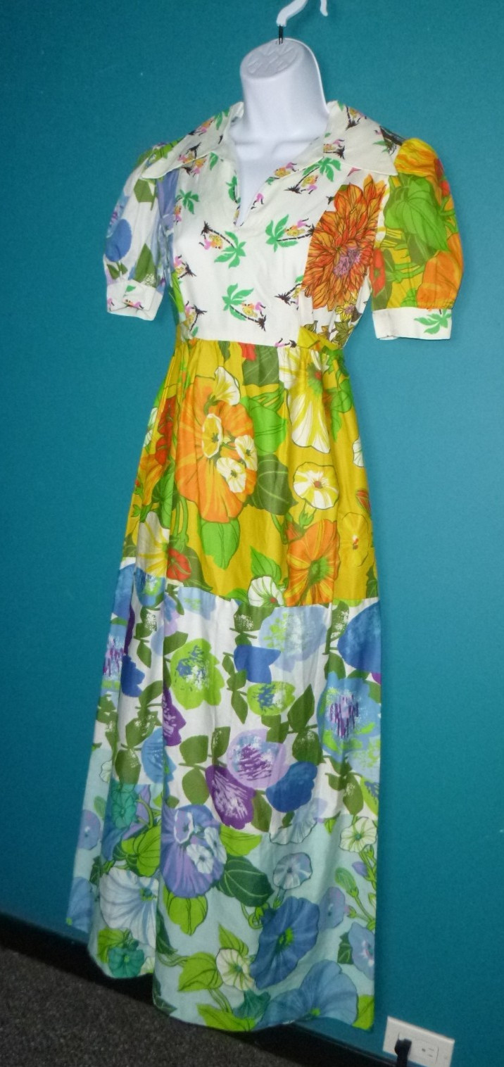 Vtg 60s 70s STUNNING Patchwork Floral Prairie Style Maxi Dress Sz S/M