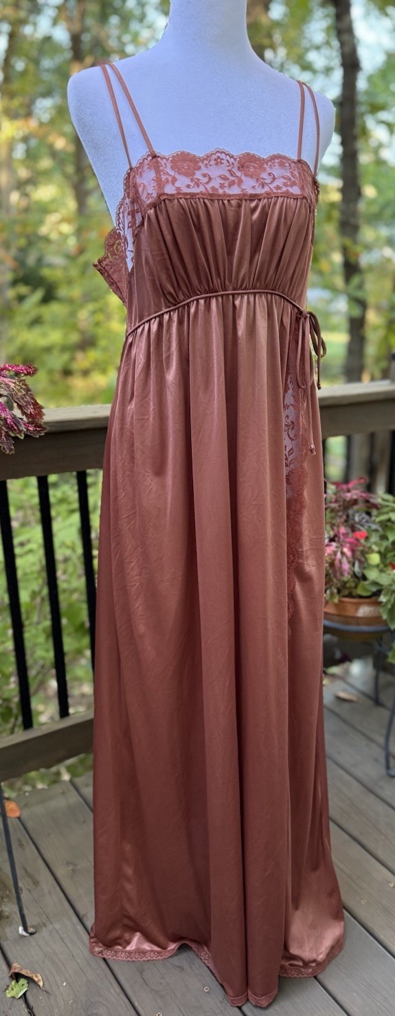 Vtg New Nightgown Long Goddess Pinehurst 70s Inset Lace UNIQUE Copper Brown M 36
