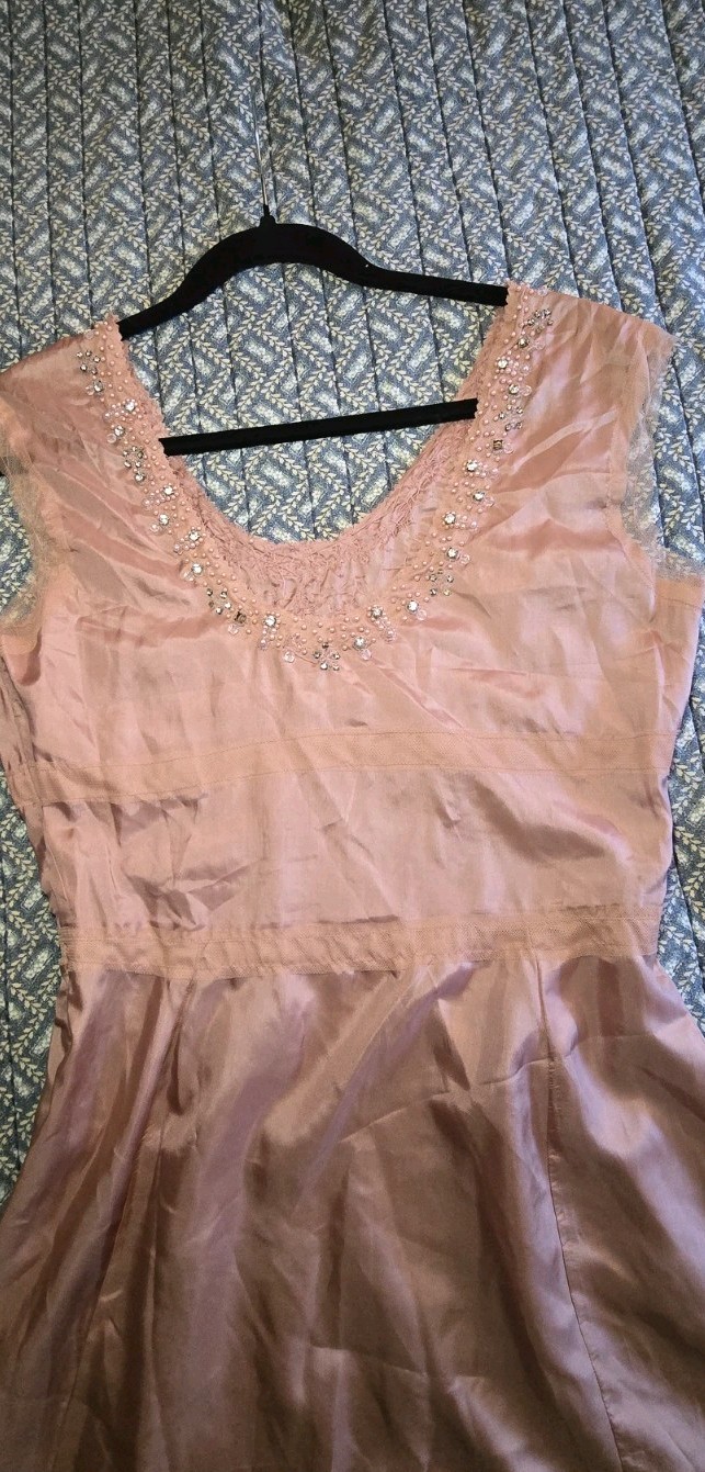 Blush Pink Beaded Sheer Mid-length Vintage Style Dress With Slip Size M