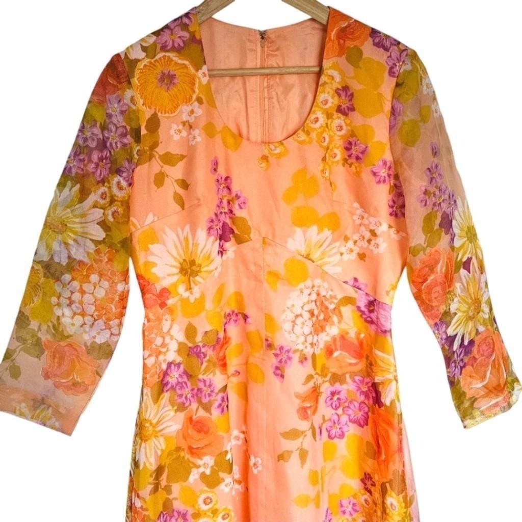 Vintage 70s Formal Floral Peach Long Sleeve Dress Deadstock Jac An Juniors 15/16