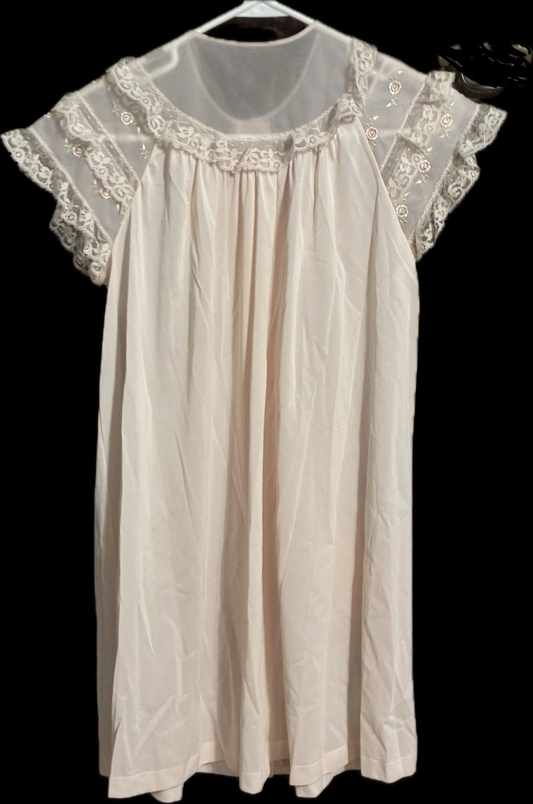 Vintage Shadowline Petites Pink Nylon Lace Button Front Nightgown Pocket
