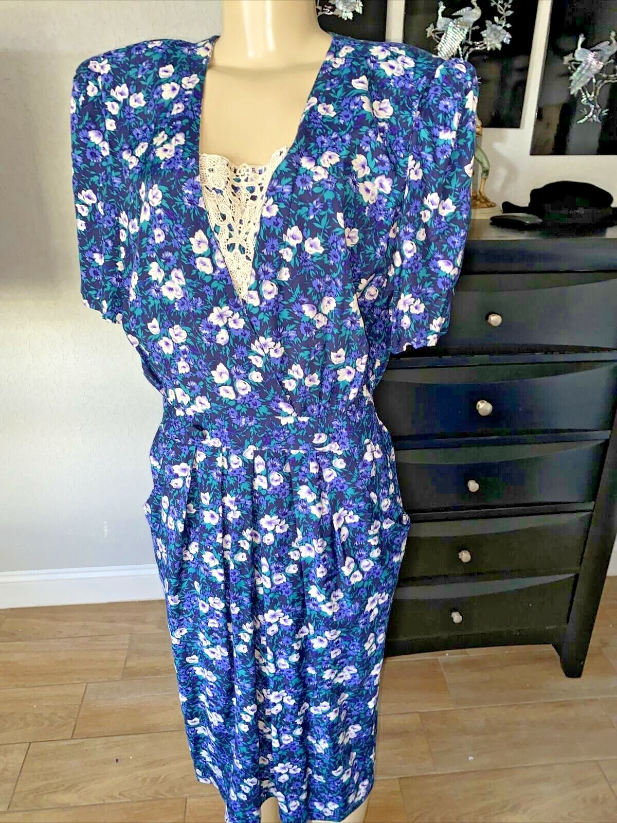 Vintage Karin Stevens Gathered Rayon Dress Blue Floral Print Size 12 cbo