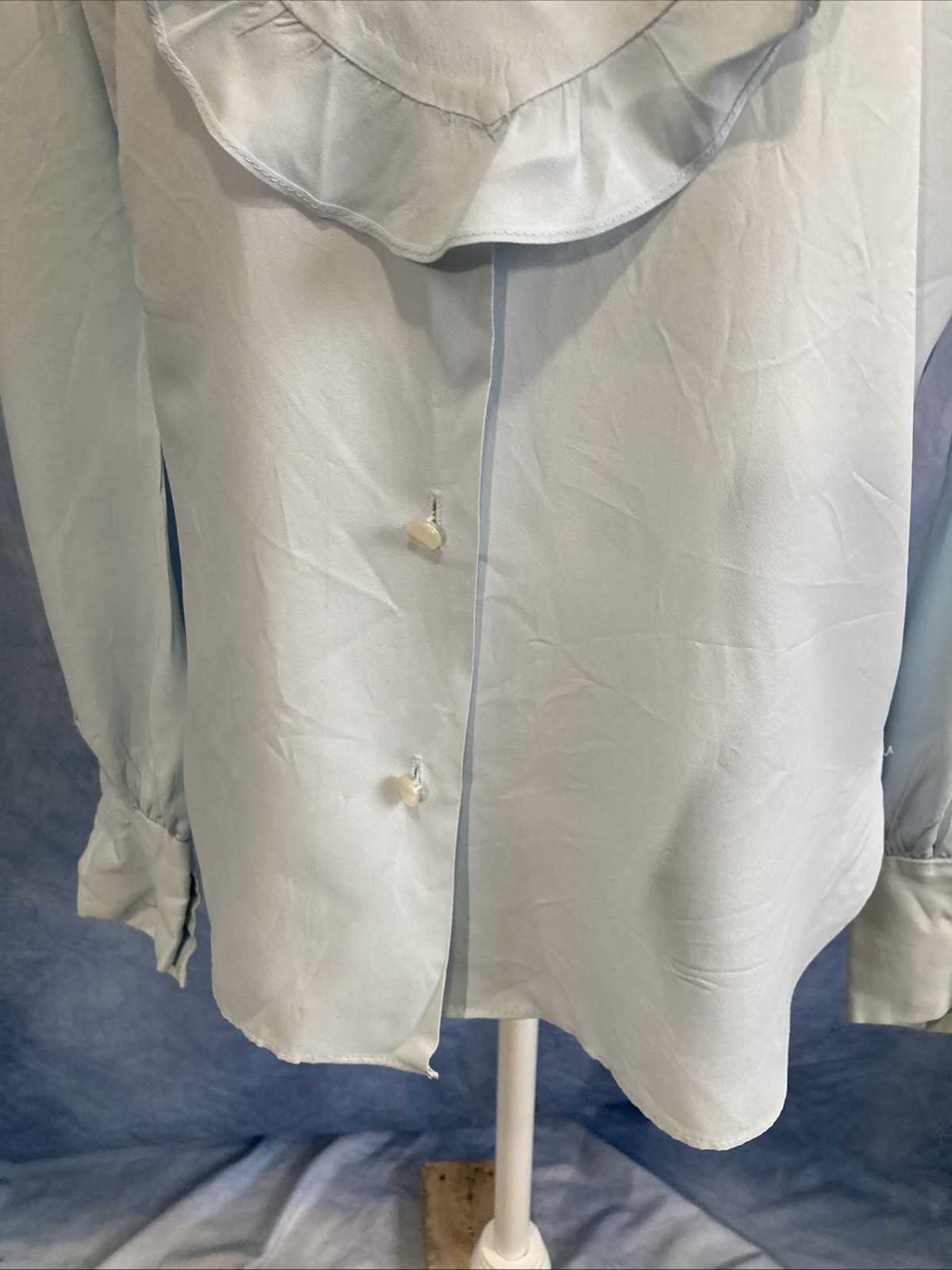 VTG Miss Chris Blue Ruffle Jabot Blouse 70s Secretary Victorian Union Made XS/S