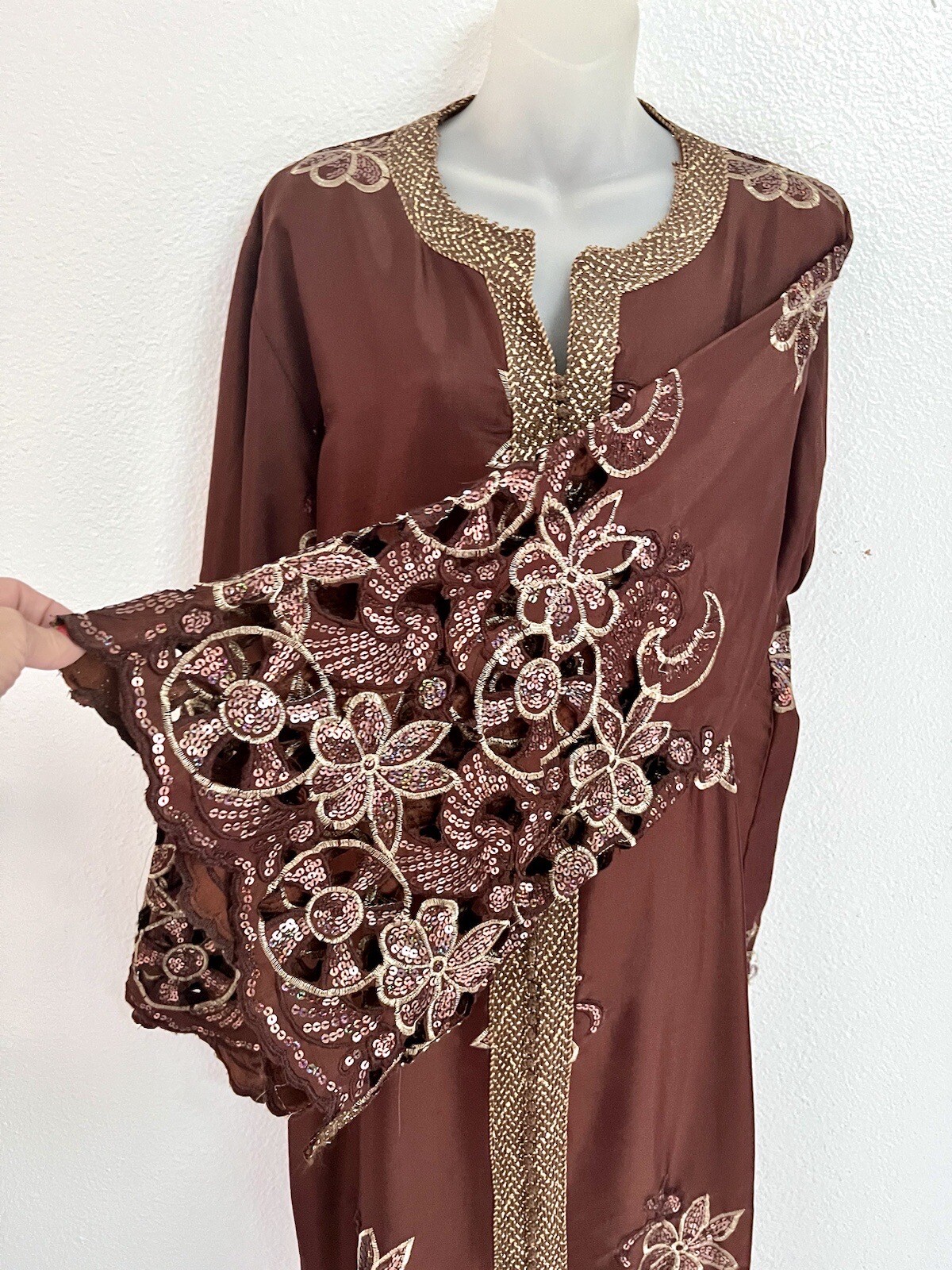 VINTAGE*MOROCCAN LONG BRONZE /SEQUIN djellaba*CAFTAN GOWN DRESS~M/L