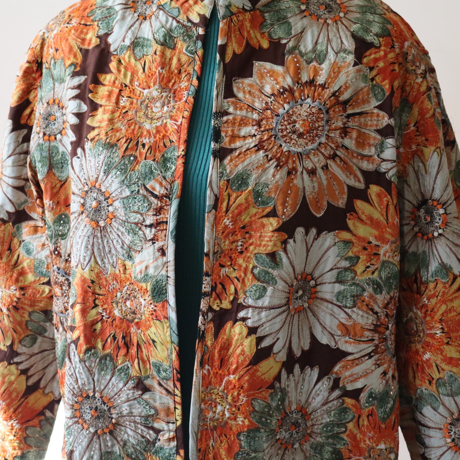 Vintage Embroidered Anu Jacket 100% Pure Silk, Orange, Gray, Brown Floral Sz Med