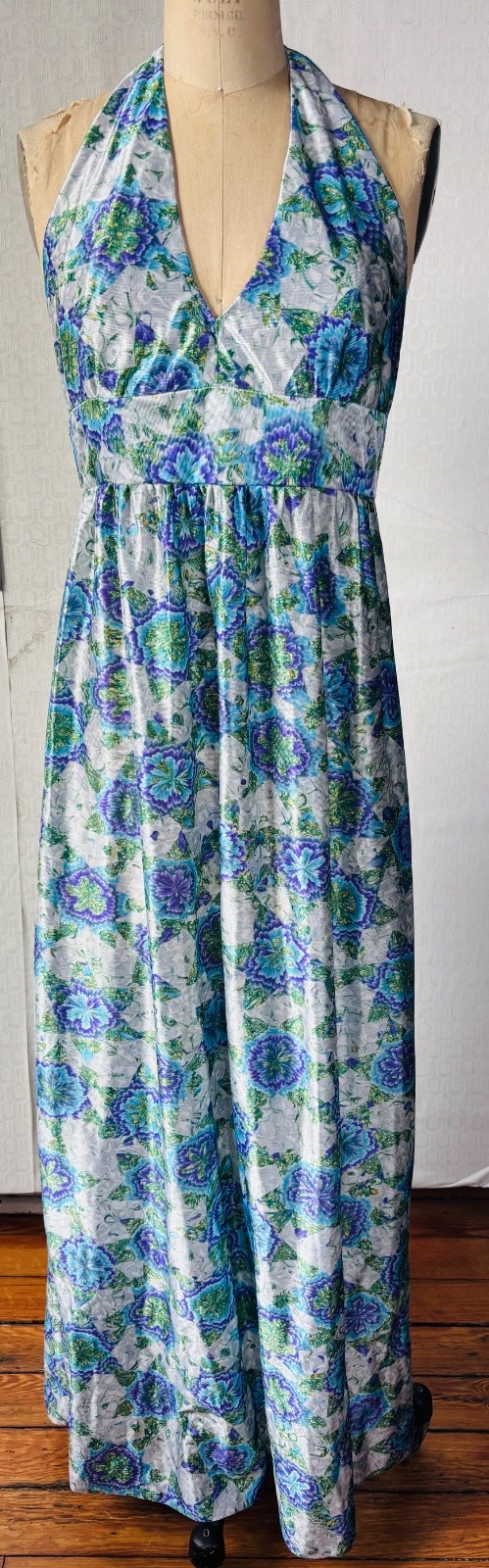 VTG 70&rsquo;S HIPPY BOHO HANDMADE BLUEWHITE&PURPLE FLORAL PAISLEY MAXI DRESS+WRAP*S/M