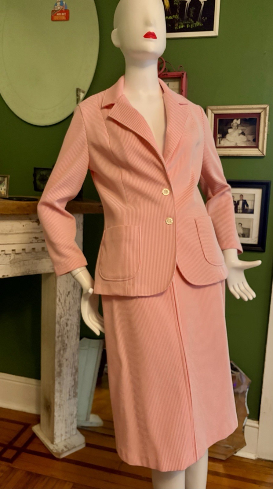 Vtg 70s Alfred Dunner Plaid Pinstripe Blazer skirt Suit Pink White XL Gingham