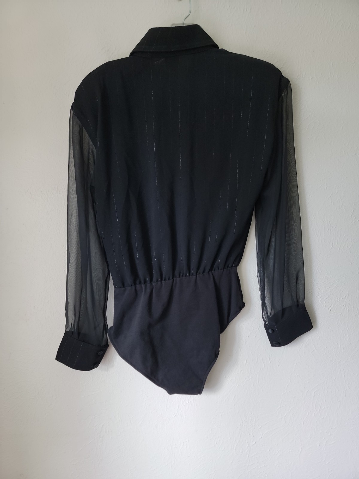 Vintage IIF Black Rhinestone Blouse Bodysuit Small Dressy Old Money Sheer Sleeve
