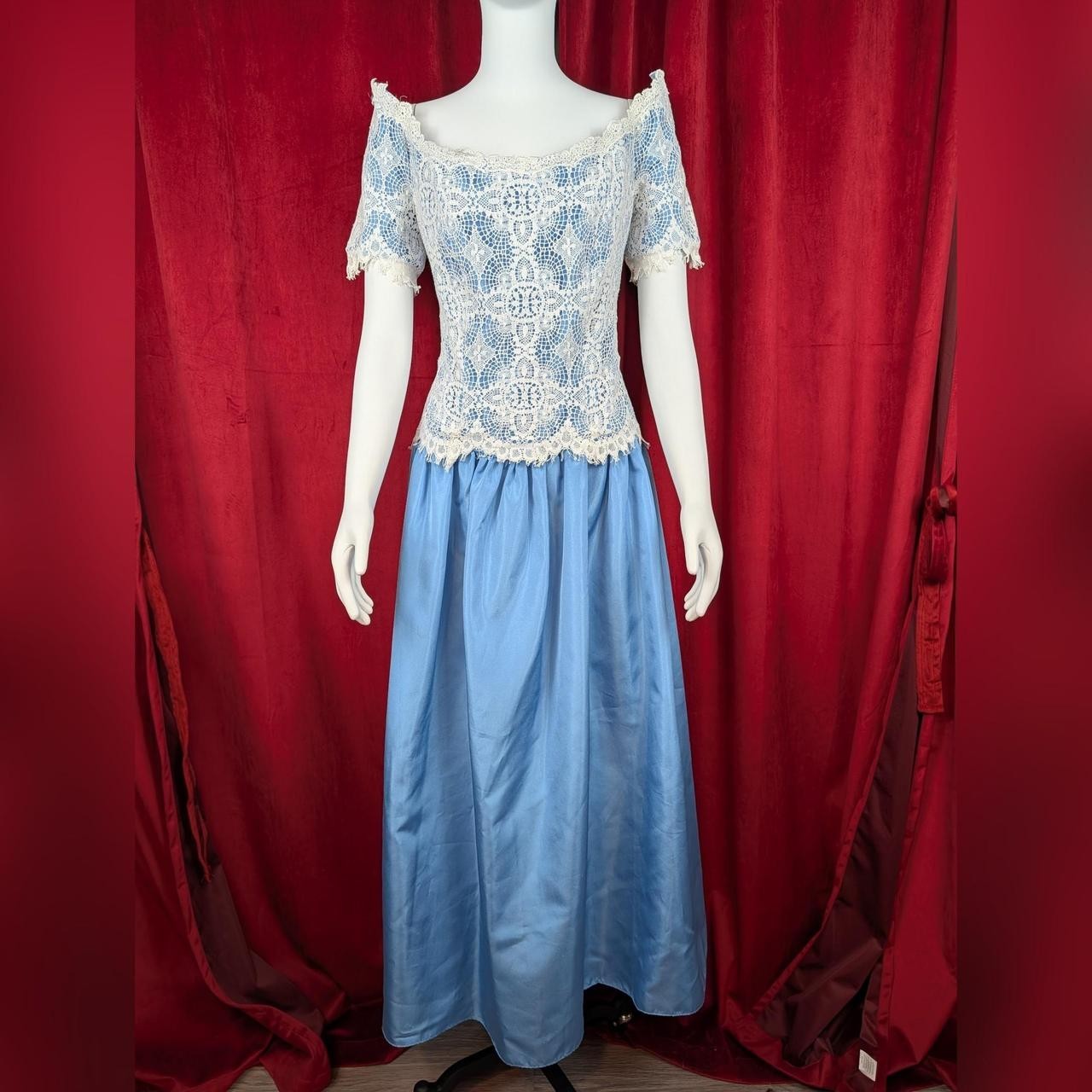 True Vintage 70&rsquo;s House of Bianchi Blue & White Crochet Floral Lace Bodice Gown