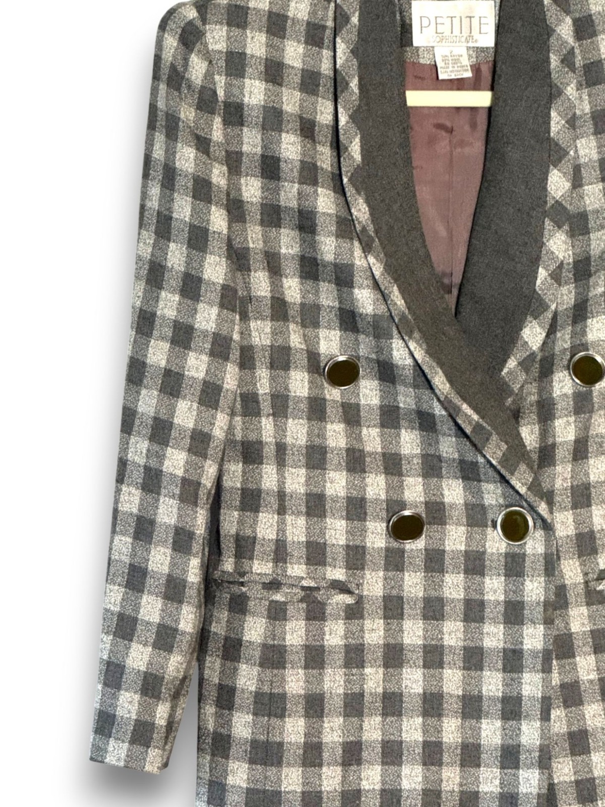 Vintage Petite Sophisticate Gingham Wool Blend Double Breasted Blazer Jacket Siz