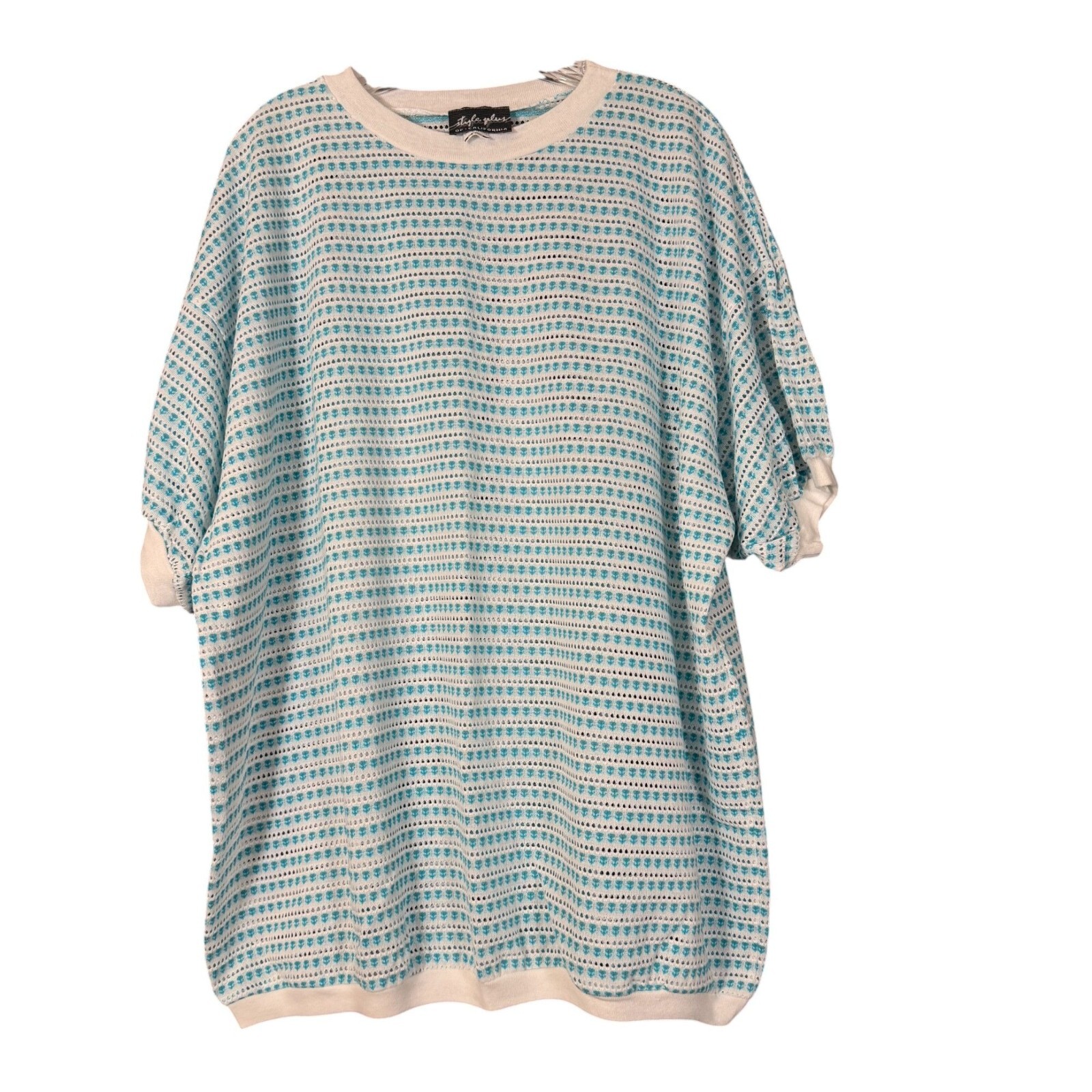 Vtg Style Plus Of California Knit Top Blue White Striped Pattern One Size OSFA