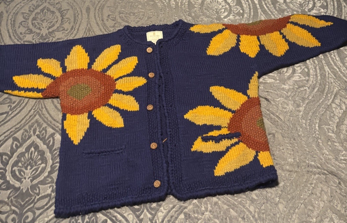 Express Tricot Cardigan Women One Size Blue Sunflower Hand Knitted Wool Vintage