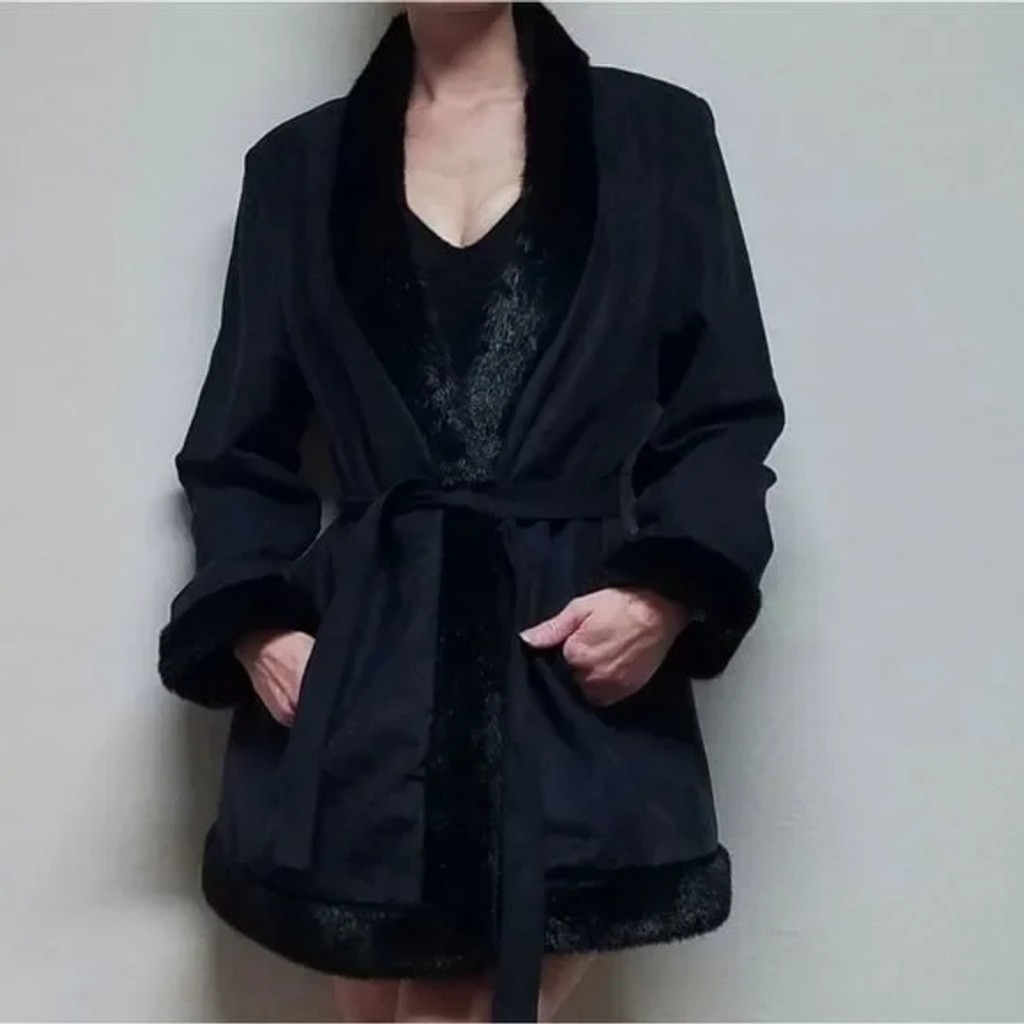 80s Vintage Extra Point by Reference Point Black Faux Suede Faux Fur Belted Coat