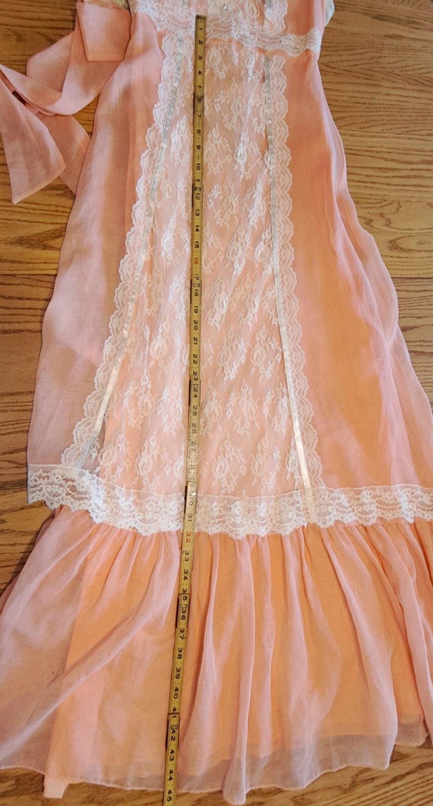 Vtg 70s Peach Chiffon Lace Prairie Granny Victorian Prom Maxi Gown Sz 7/8 Flaws
