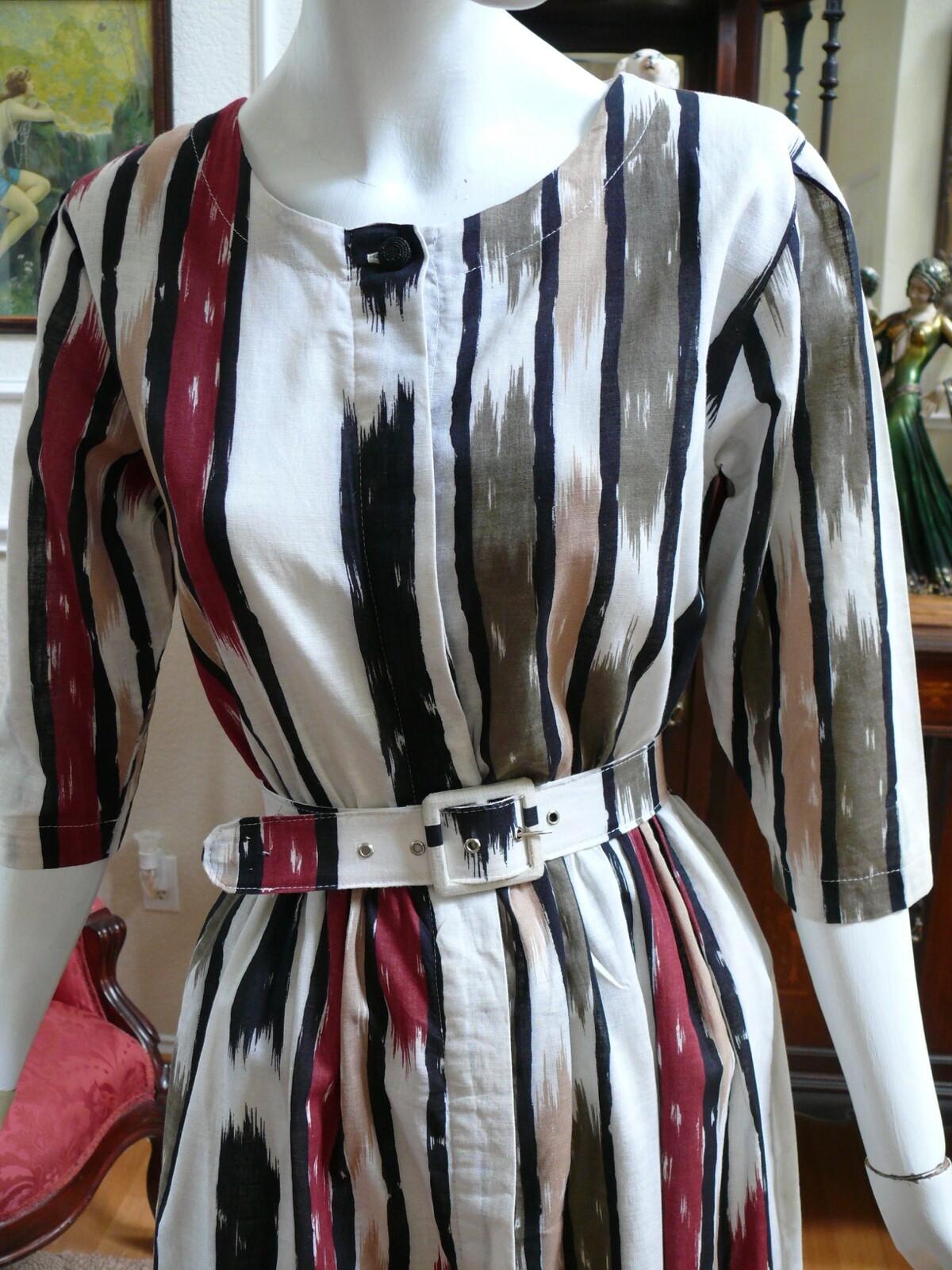 1950-60 Ikat like Print Button down Afternoon Dress XS / S as is