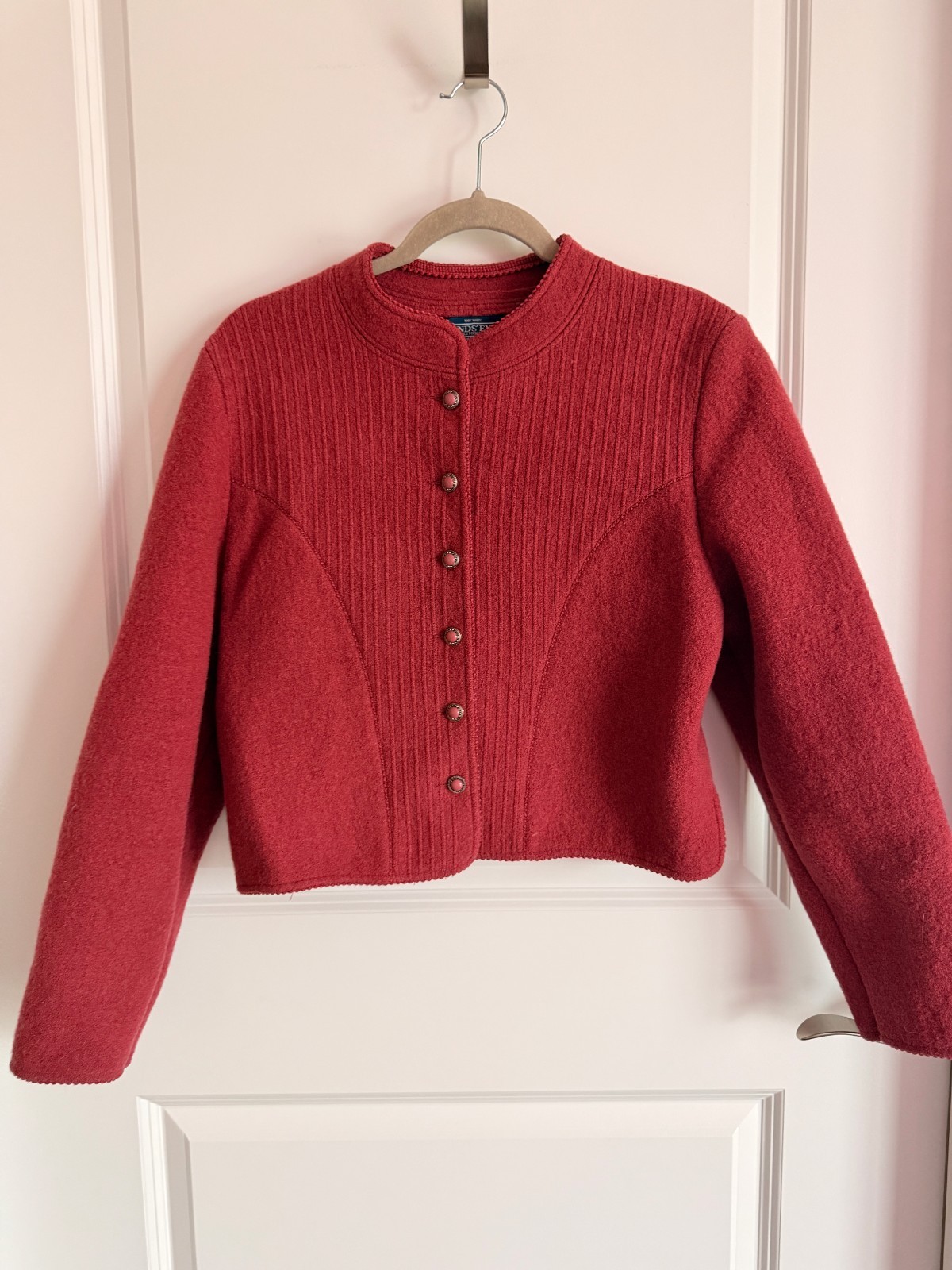 Lands End Wool Jacket Womens 14 Austria Boiled Wool Red Snap Cardigan