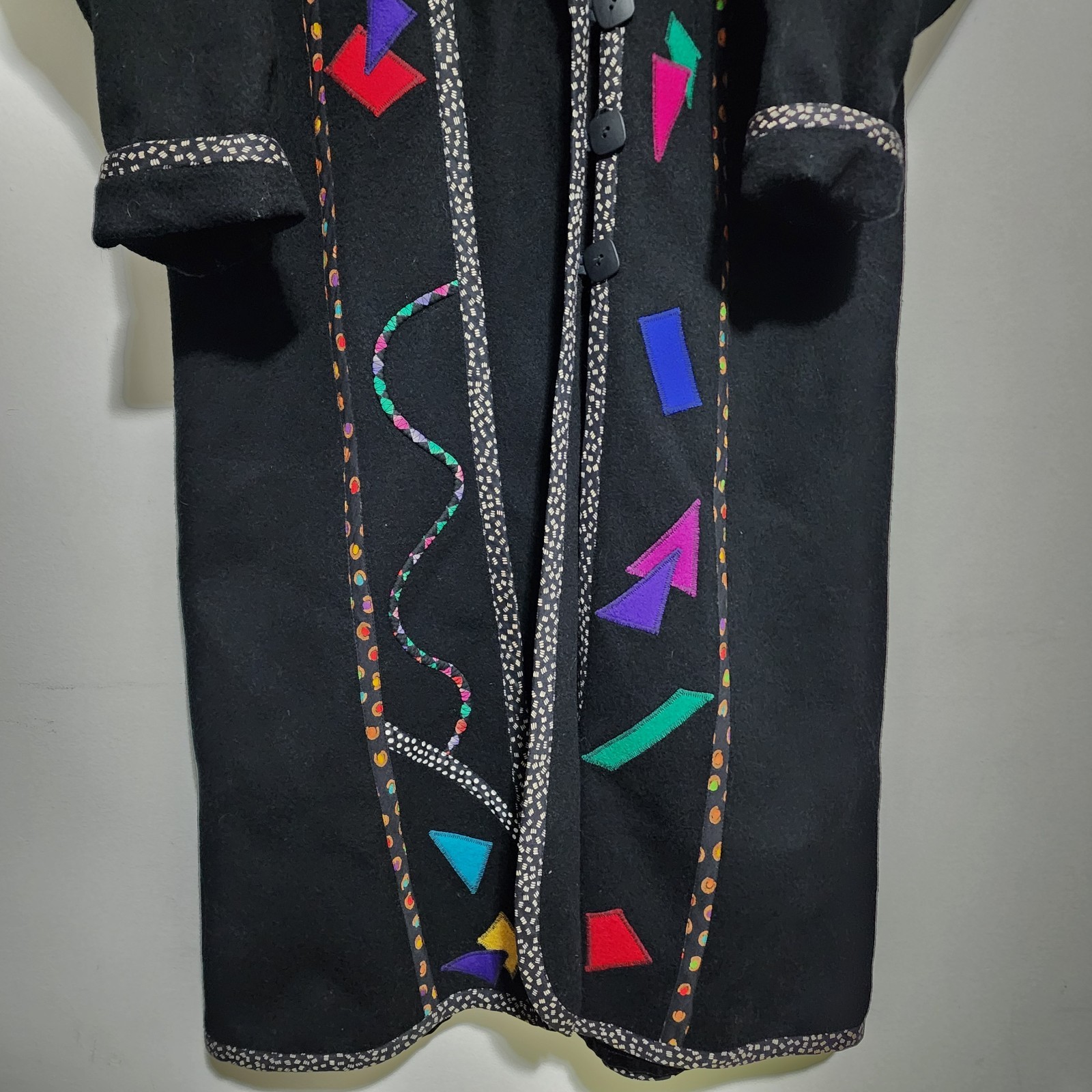 Vintage LYNN MURRAY Wearable Art Wool Coat Long Black Applique Geometric 80s 90s