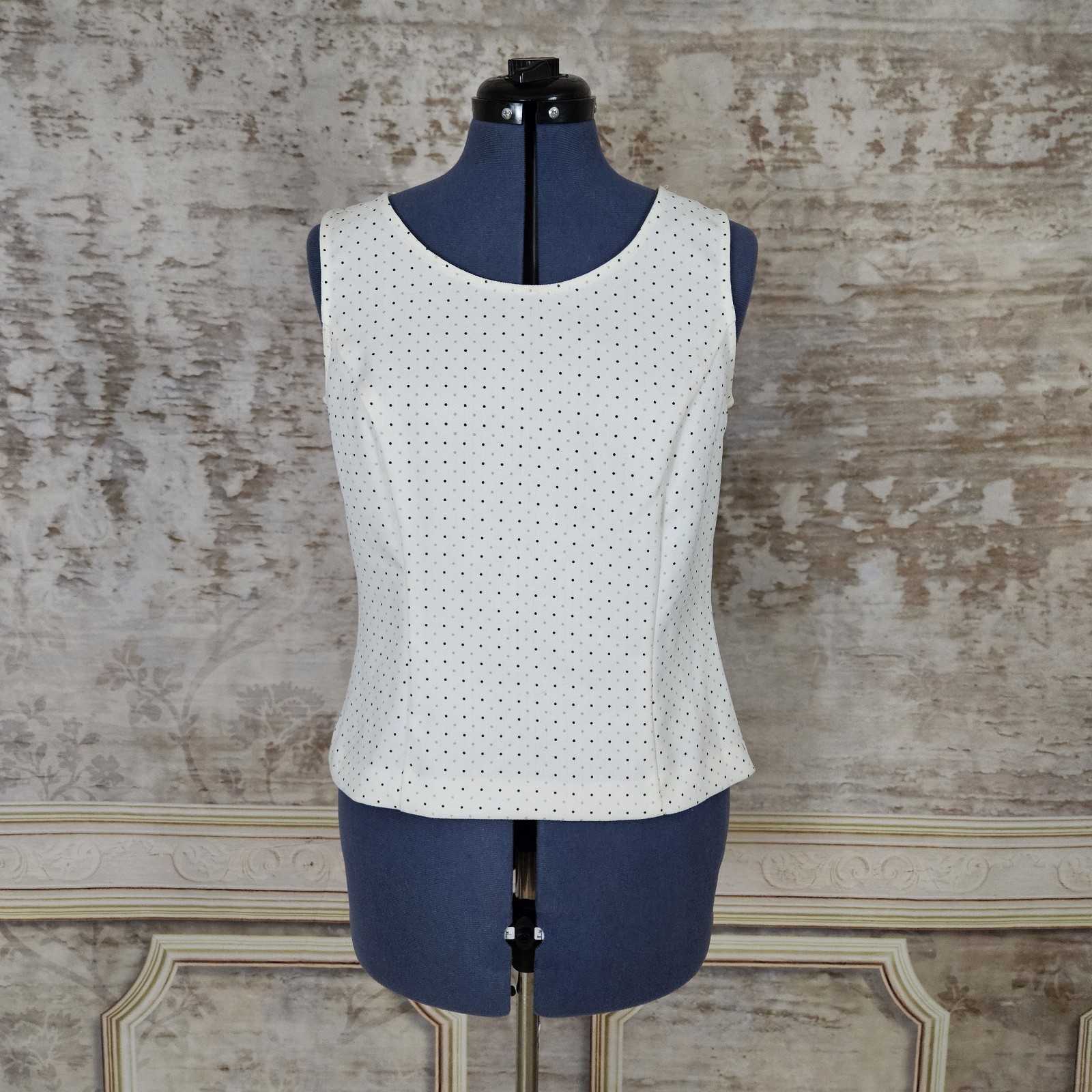 Vintage 90s Y2K Tank Top Medium Shell Beige Polka Dot Blouse Fitted 1990s 2000s