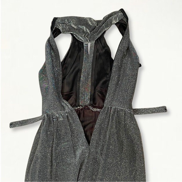 Vintage 1970s Silver Metallic Studio 54 Keyhole Jewel Belted Halter Maxi Dress
