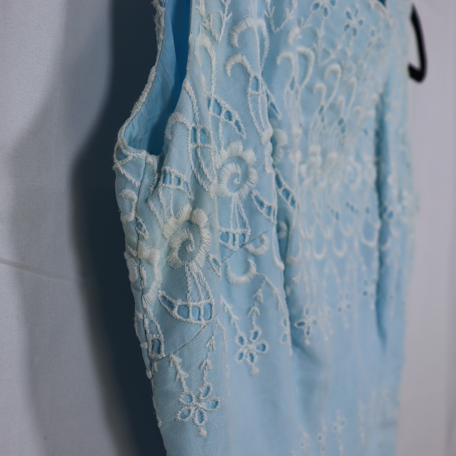 Vintage Eyelet Lace Midi Dress Womens XS Blue Embroidered Scalloped Tea Dress