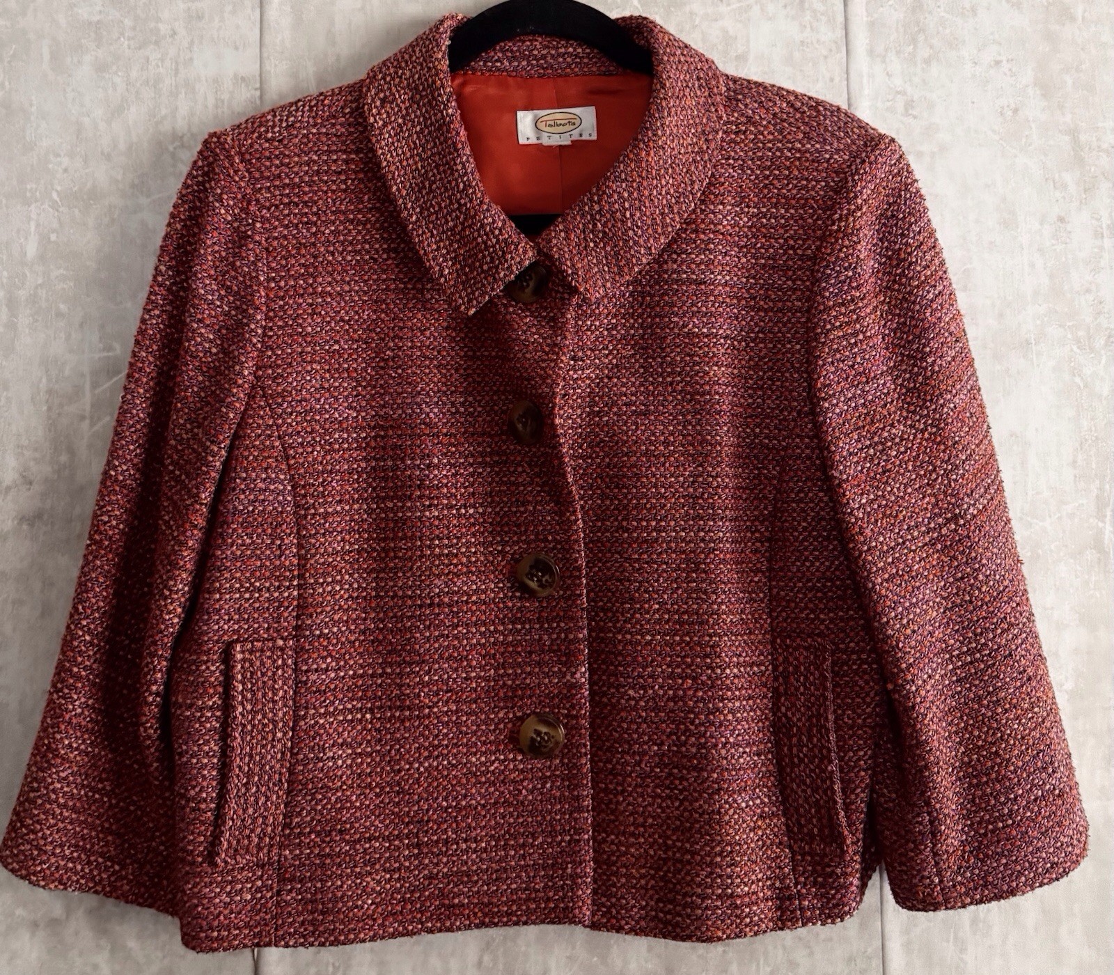 Talbots 2pc Silk Blend Multi Rasberry/Wine Tweed Sheath Dress Jacket Set Sz12P
