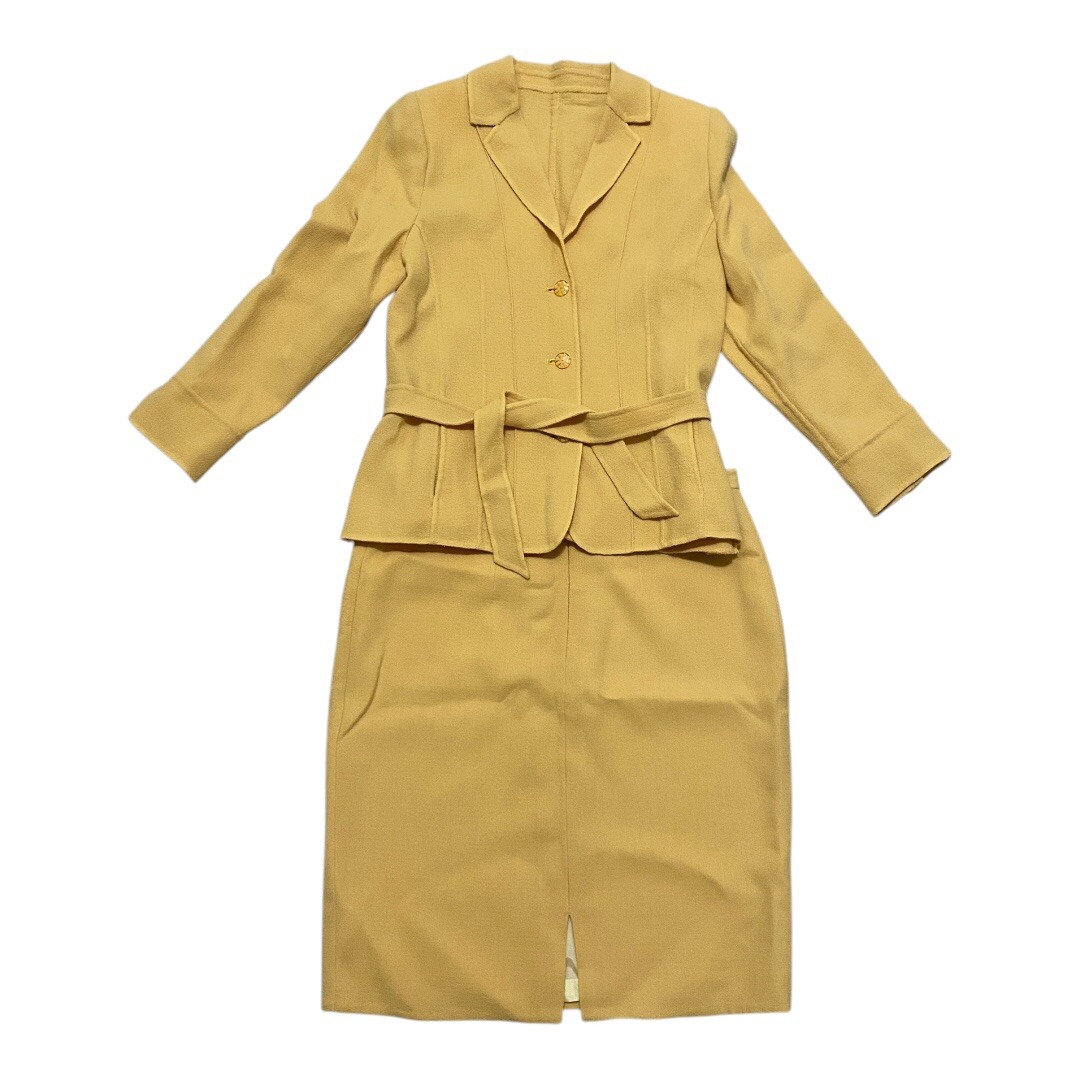 Vtg Mid Century Italian Wool Womans Yellow 2 Piece Skirt Suit Bakelite Button XL