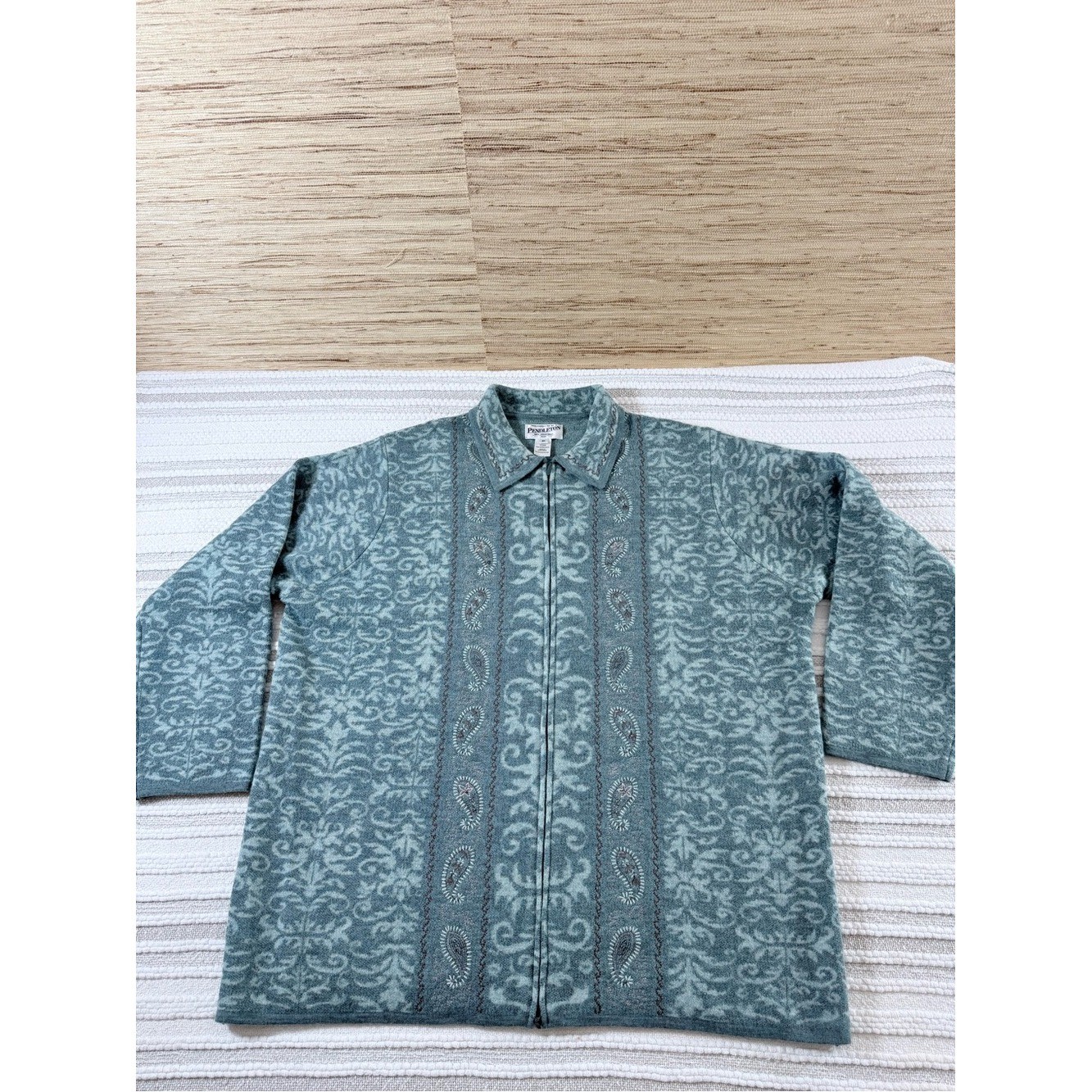 Pendleton Vintage 100% Merino Wool Zip Cardigan Sweater Plus Sz 3X Blue Paisley